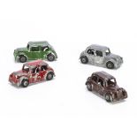 Timpo Toys Morris Type Saloon, four examples, green, red, brown and grey, all bare metal hubs, P-