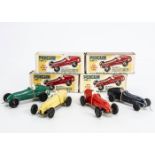 Penguin Series 4 Plastic Rubber Band Drive Racer, four examples, yellow, RN2, red, green, RN1,