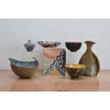 A collection of studio pottery, comprising a glazed earthenware bowl by Patrick Galtie, a glazed