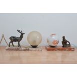 Two Continental table lamps on marble bases, both with metal animals one with a deer (a horn