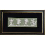 A 1970's Wedgwood Jasperware plaque titled 'The Seasons', green design depicting four cherubs,