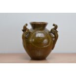 A glazed terracotta triple handled Bideford pot, by Harry Juniper, dated '95' to the base,