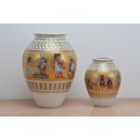 Two Kaiser ceramic jars, of differing sizes, both depicting scenes of Tut-Ankh-Amun, 30cm & 20cm