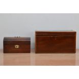 Two mahogany tea caddies, the larger with boxwood crossbanding 30.5cm wide, the other with a domed