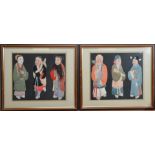 Three Chinese silk and hand painted framed costume displays, each with three figures all framed