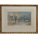 19th Century English School, Sheep in a winter landscape, watercolour, signed indistinctly,