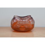 An art deco orange and clear glass vase, crimped rectangular rim, with floral and sunset decoration,