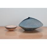 Two pieces of studio pottery by Toon Thijs, one small bowl with rounded bottom and shaped stepped