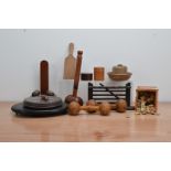 A collection of wooden items, including kitchen treen, stands (one lacquer), pipe rack, scrabble