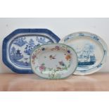 Three ceramic platters, comprising an early 20th century Copeland stoneware blue and white