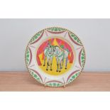 A ceramic Clarice Cliff bizarre circus side plate, with two circus horse design, by Dame Laura