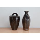 A stoneware tenmoku glazed vase by Marianne de Trey, impressed mark towards the base, 25cm high,