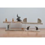 Four marble based French 20th century desk items, two with metal birds, of differing sizes (4)