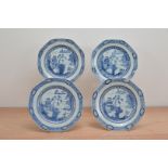 Four early 19th century Chinese porcelain octagonal blue and white plates, with a Willow pattern