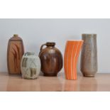 A collection of studio pottery, comprising a salt glazed stoneware vase, 29cm high, a square vase