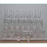 A collection of glassware, comprising two sets of art deco tumblers, 11 cut glass sherry glasses