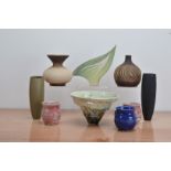 A collection of studio pottery, including three glazed stoneware mugs by Janine Mannion-Jones, a