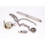 Four Victorian and later small collectable silver items, including a sovereign case, a whistle, a