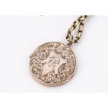A 9ct gold circular locket, of engraved design, on smooth oval linked necklace, 25 cm long, 15g