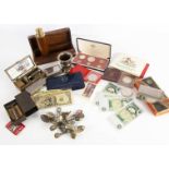 A collection of coins and other items, also five uncirculated Jo Page œ1 sequential notes, and