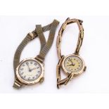Two first half 20th century 9ct gold cased ladies wristwatches, one on expanding strap, gross weight