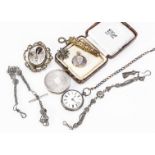 A collection of jewels and open faced fob watches, including a steel work brooch, a 9ct gold open