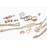 A quantity of 9ct gold, including, rings, pendants, bracelets, and brooches most (af) 44g in total