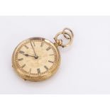 A 18ct gold continental open faced fob watch, with roman numerals, central floral panel, an engraved