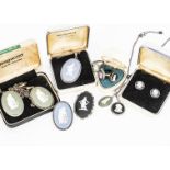 A collection of Wedgwood Jasper ware jewels, including a 9ct gold ring in with oval panel of a