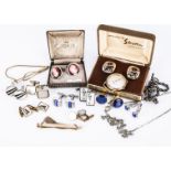 A 9ct front and back tie slide, a silver watch chain, a pair of Stratton 'Frans Hals' cufflinks,