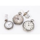 Three late 19th century continental white metal ladies open faced pocket watches, one with