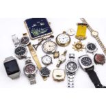 A group of watches and other items, including a Diesel fashion watch, damaged strap, two manual wind