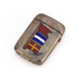 A Victorian silver and enamelled vesta case by George Unite, dented, with three coloured flags on