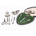 A George V silver mounted sewing set in fitted case and other items, also a cut glass and silver