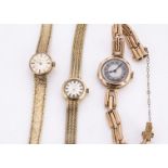 Three 20th century 9ct gold ladies wristwatches, 54.5g, including a Bulova with integrated strap, an