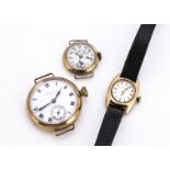 Three first half 20th century 9ct gold cased wristwatches, AF, including a Waltham, a Certina and