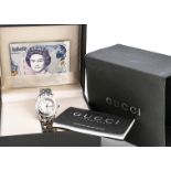 A modern Gucci quartz stainless steel lady's wristwatch, 26mm, ref. 5500 L, silvered dial with roman