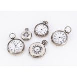 Five silver pocket watches, including a men's and a lady's half hunter, and three open faced