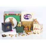 Teddy bear collectables, quantity of lapel badges, three Colour Box miniatures, sixteen Lorrie Mac