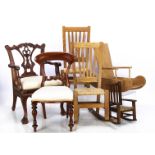 Six doll or teddy bear wooden chairs, two high back oak country chairs with rush seats --19in. (48.