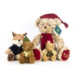 Four Harrods Teddy bears, including a 1999 Christmas teddy bear, with red hat and scarf, with card