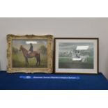 Two pieces of framed horse art, comprising a framed and glazed oil of a lady on horseback and a