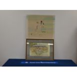 A framed cricket print, together with a cricket watercolour, the largest 54cm x 65cm (2)