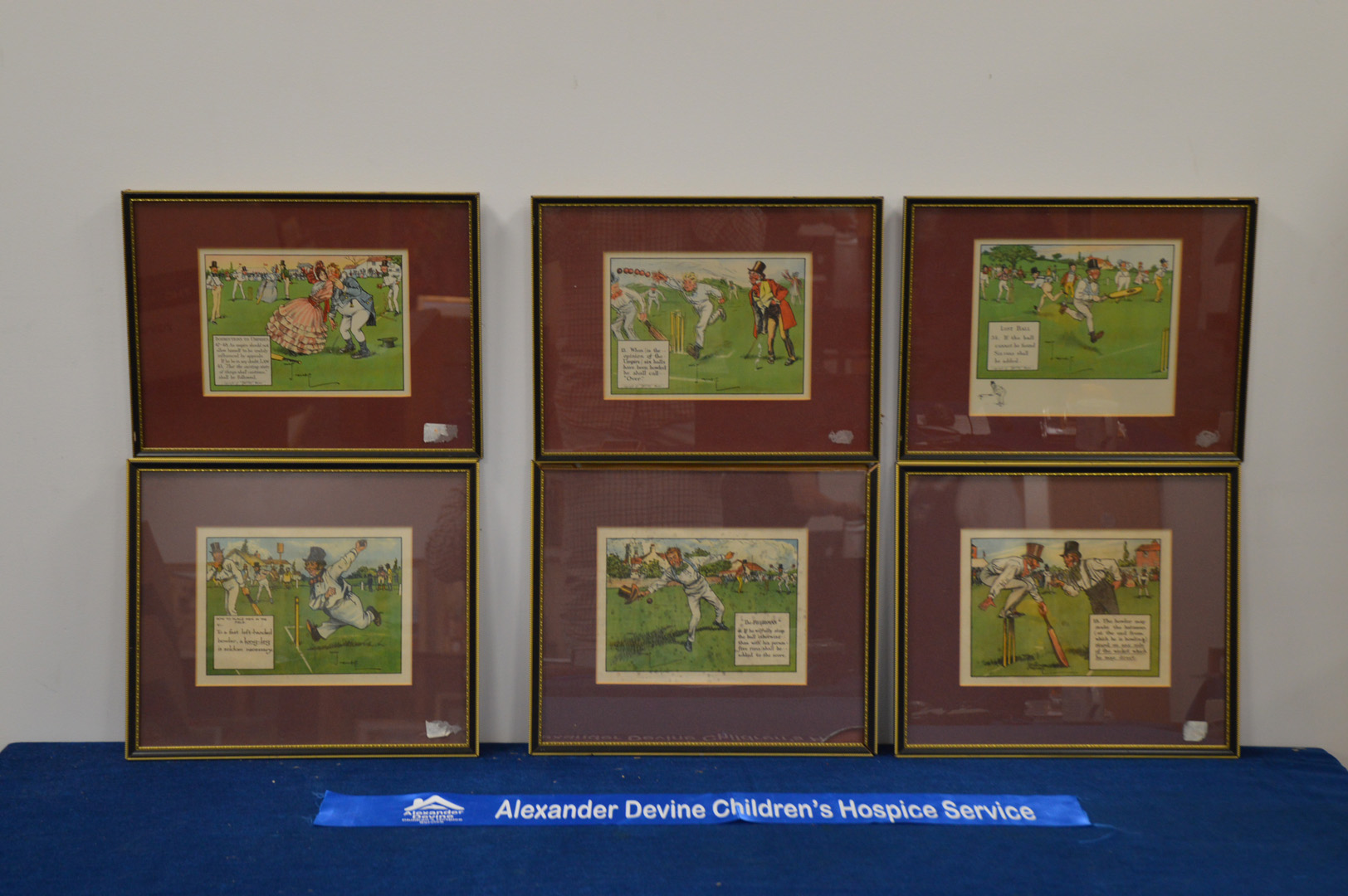 A set of six framed caricature cricket prints, mostly the same size, the largest 32cm x 38cm (6)