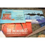 Three film posters, one very large 2004 for The Incredibles Pixar film, a UK quad for The Revenge of