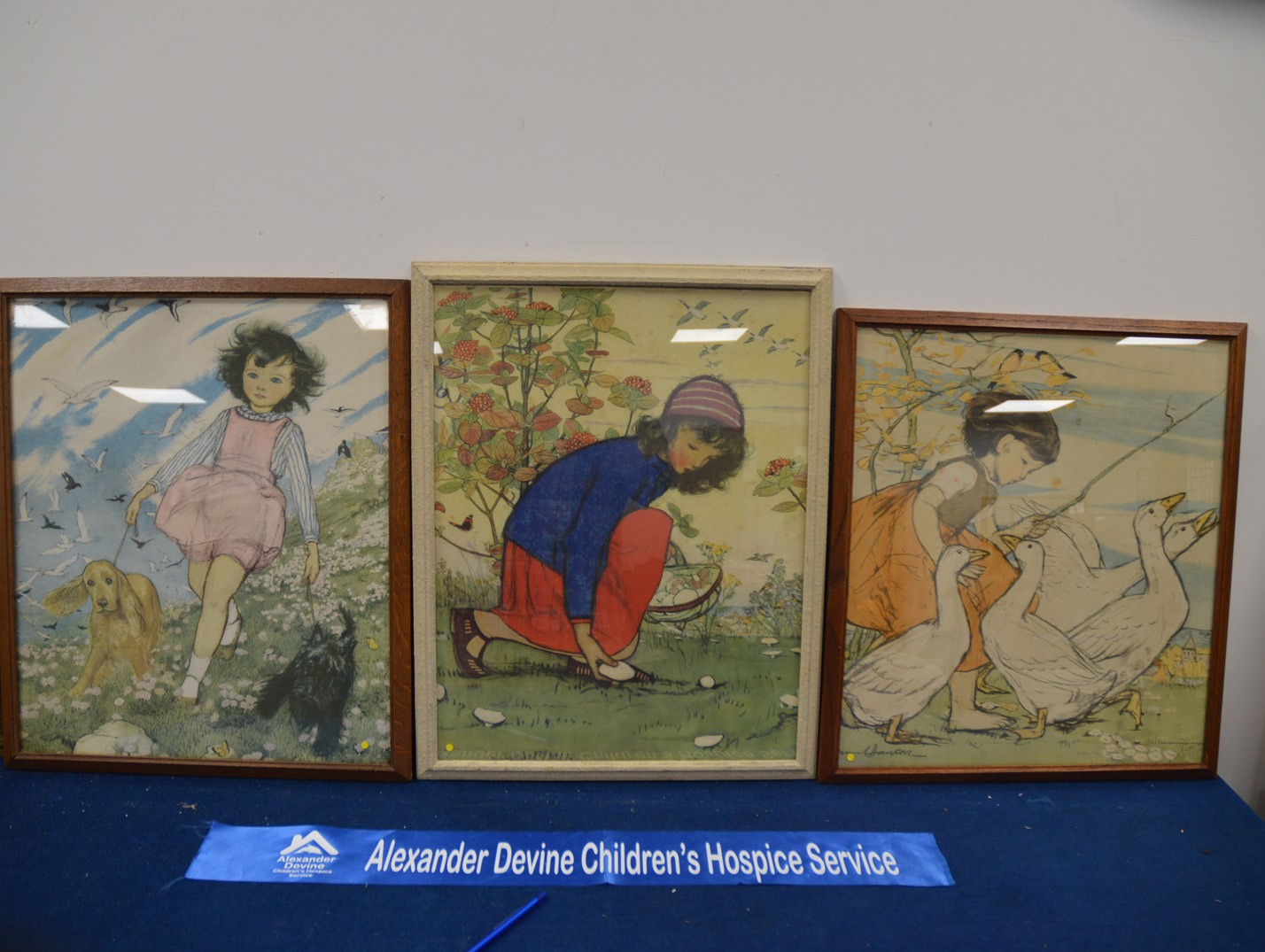 Three childhood framed prints, depicting girls outside, the largest 58.5cm x 45cm (3) IMPORTANT!