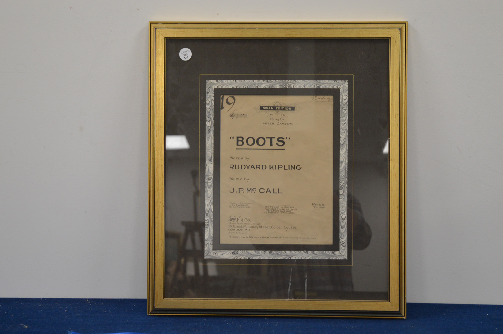 A framed cover of 'Boot's' by Rudyard Kipling, the music by J.P. Mcall, 60cm x 52cm IMPORTANT!