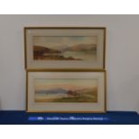 A pair of framed watercolours, coastal scenes with sheep and cattle, by J. Hill, 45cm x 85cm (2)