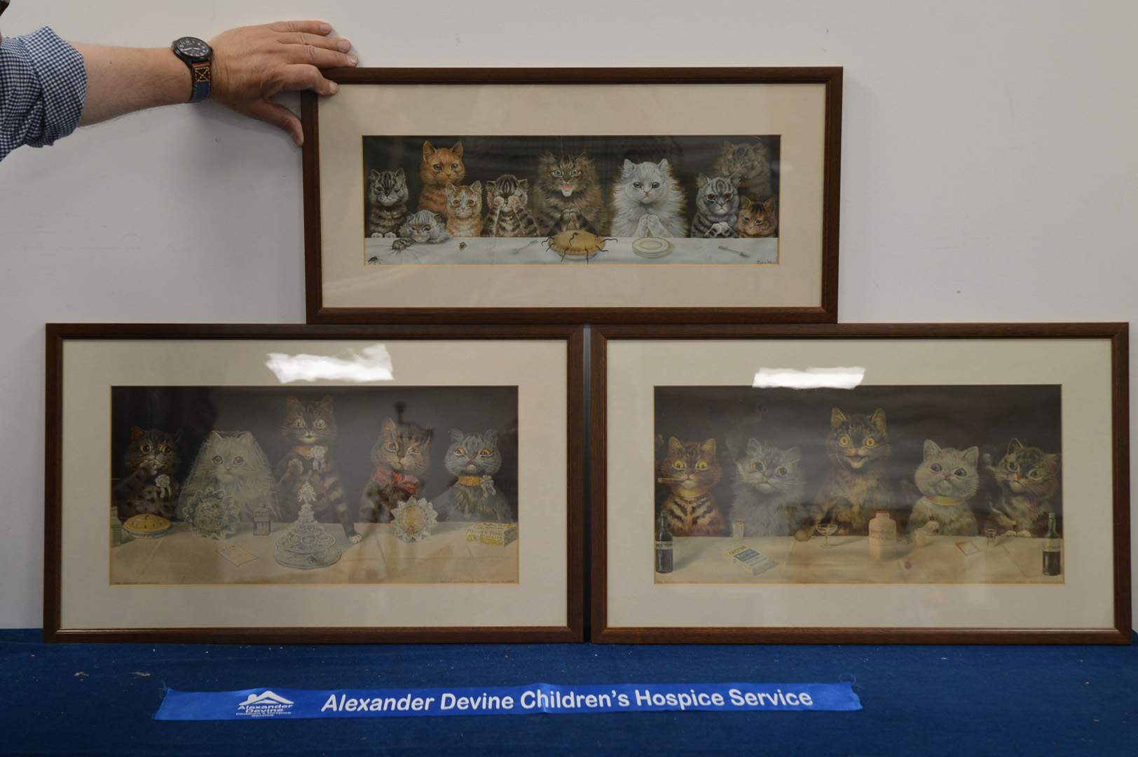 Three framed prints of cats, one Louis Wain, the largest frame, 39cm x 65cm (3) IMPORTANT! REGARDING