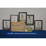 Five mounted cricket prints, together Perrier 'Laws of Cricket' caricature album, the album 27cm x